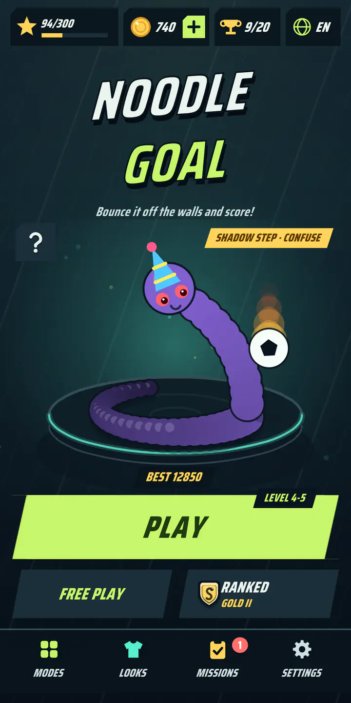 O menu principal: uma cobra laranja de chapéu no pedestal, o botão JOGAR embaixo e, em cima, estrelas, moedas e troféus.